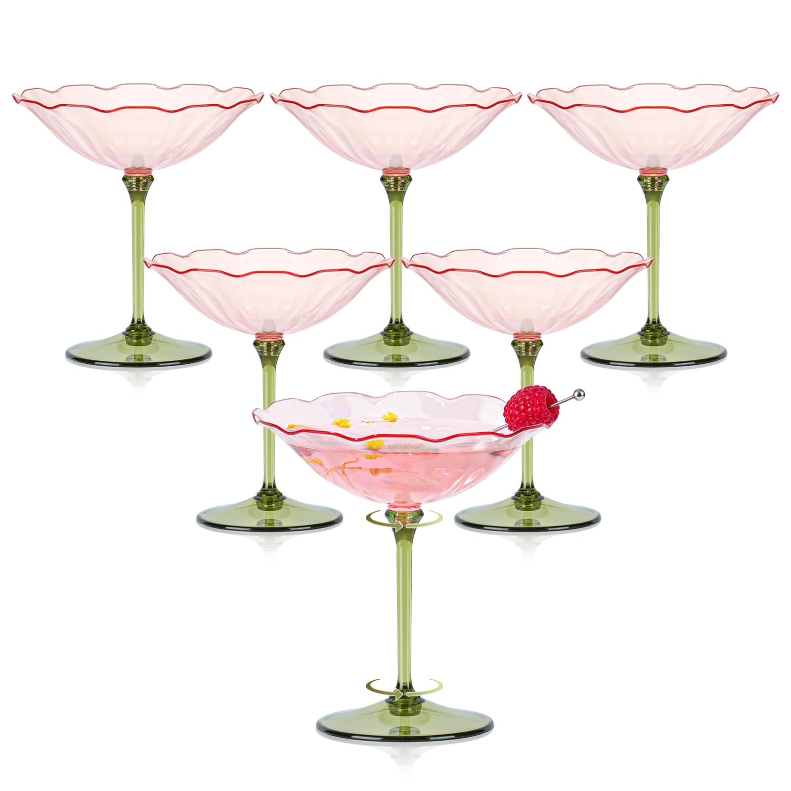6 PCS 7oz Plastic Martini Glasses Pink and Olive Green Flower Wave Coupe Cocktail Glasses Vintage Martini Cups Disposable Martini Goblets Detachable Dessert Cups Glassware for Wedding Valentine’s Day