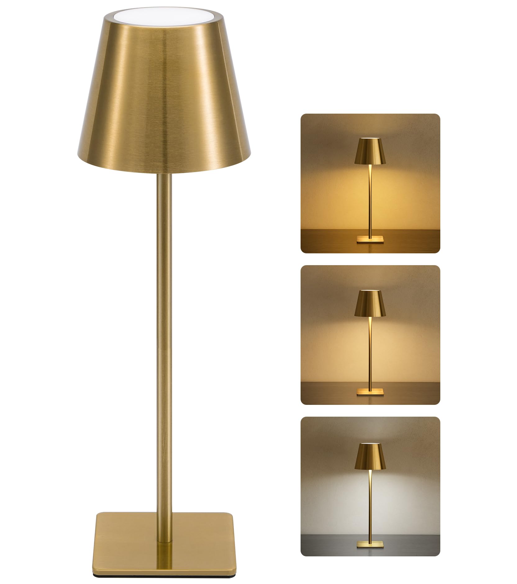 UME Cordless Table Lamp, Battery Operated Lamp - Portable Waterproof Rechargeable Table Lamp w/ 3 Color Temps &amp; Stepless Dimming for Dinner, Desk, Cafe, Outdoor (Brushed Gold)