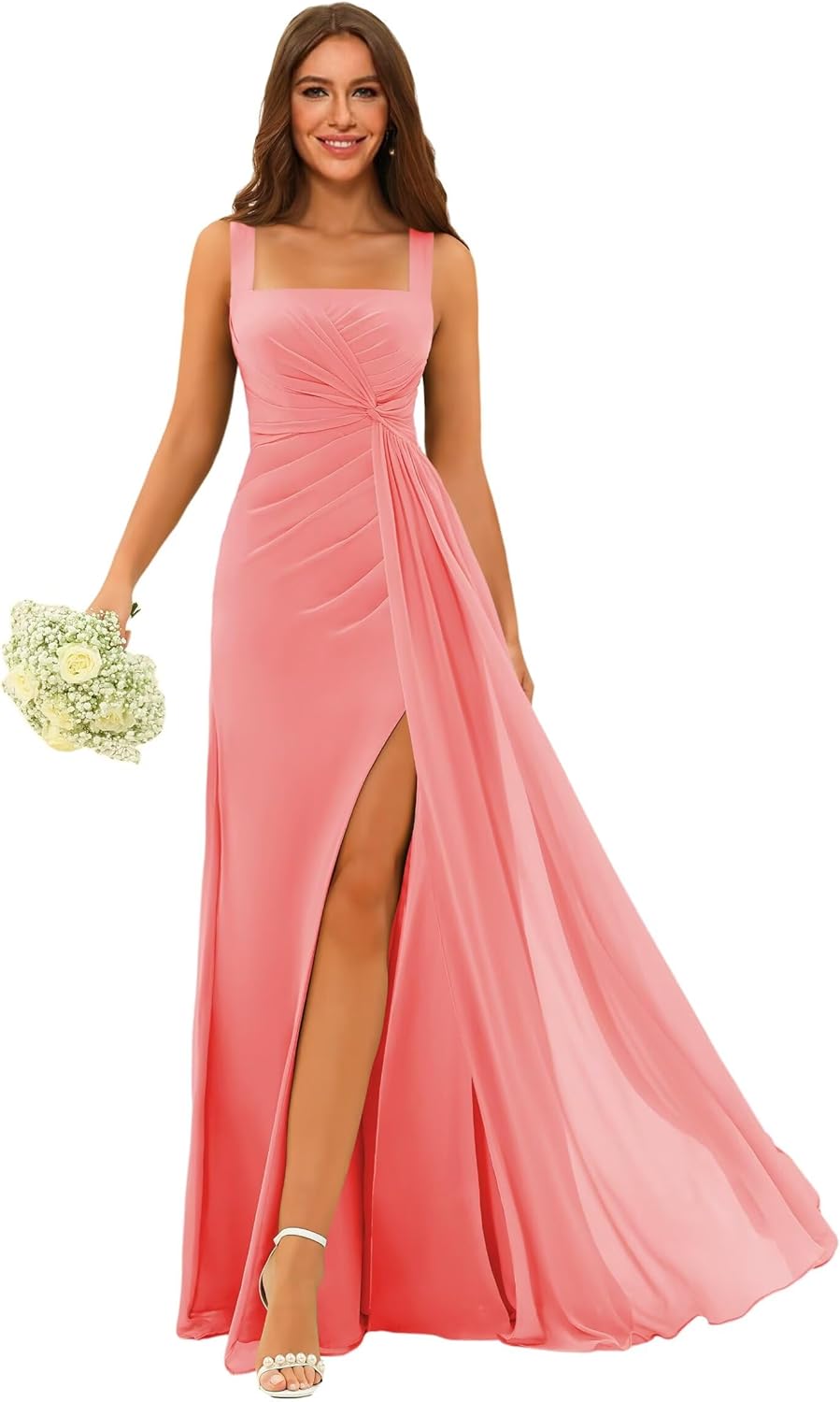 Stylefun Square Neck Bridesmaid Dresses Long with Slit Pleated A Line Chiffon Formal Evening Dress CYM184