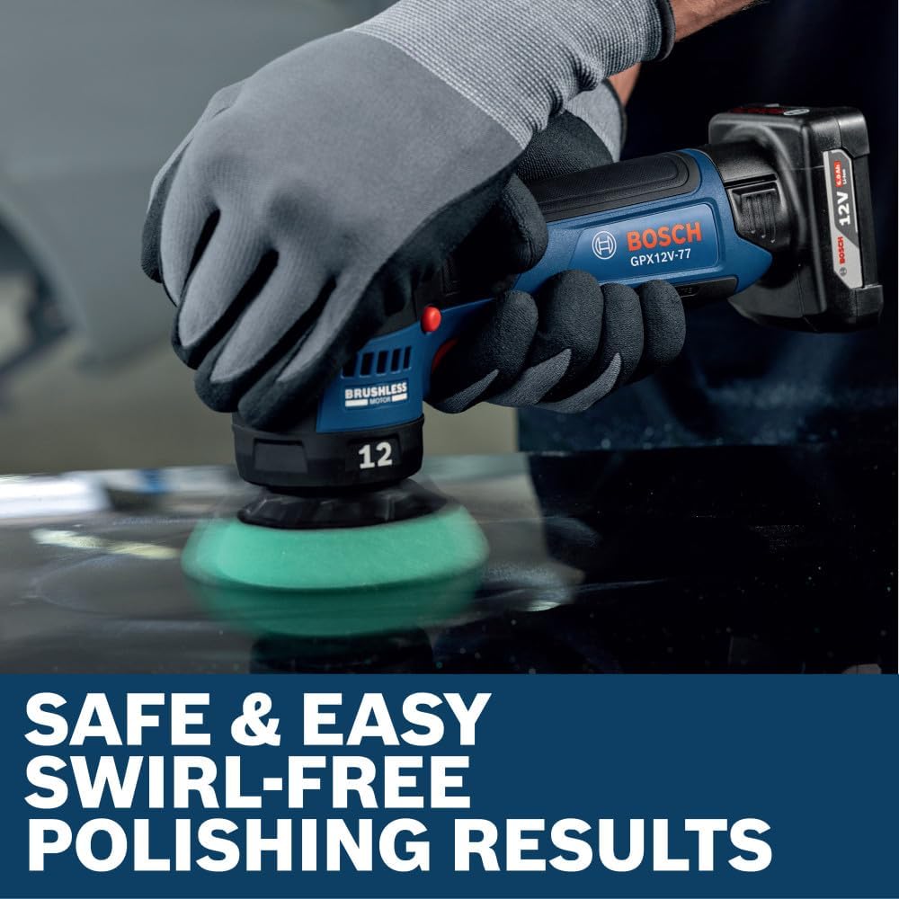 BOSCH GPX12V-77N Cordless Random Orbital Polisher, 12V Brushless 3 Inch Car Polisher for Detailing, Car Buffer for Hologram and Scratch Removal, Variable Speed (Bare Tool)