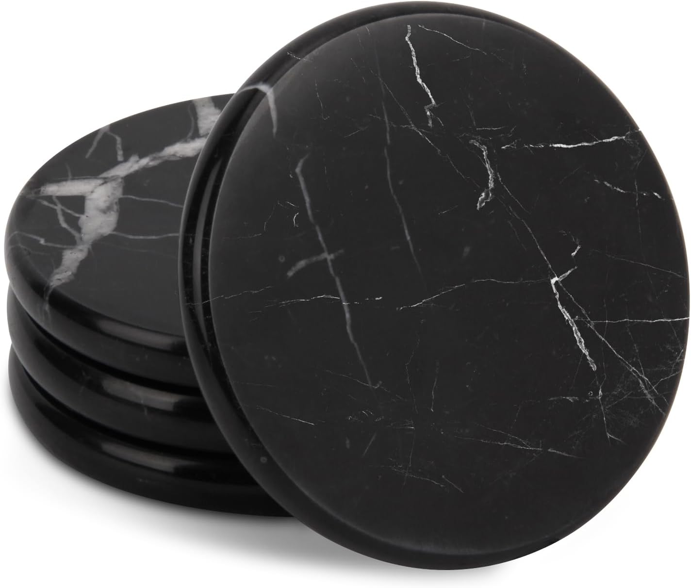 Natural Marble Coasters Set of 4, 4 inch Round Stone Coasters with Silicone Anti-Slip Pads, Minimalist Marble Drink Pads for Table Protection, Modern Home Decor (4, Black Marquina, Round)