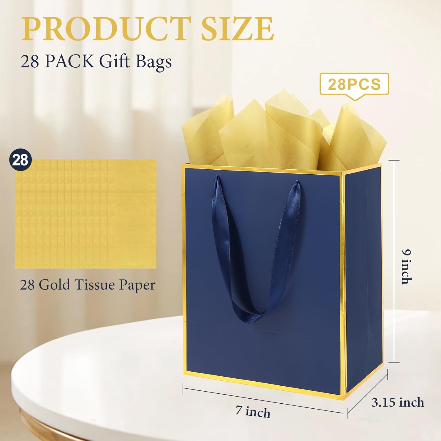 Addblu 28 Pack Bulk Luxury Gift Bags with Handles, Medium Size 9x7x3.15 Inches - Includes 28 Tissue Papers for Wedding, Birthday, Baby Shower, Thanksgiving, Christmas, & Party Favors (Navy Blue with Gold Foil Trim) - Image 2