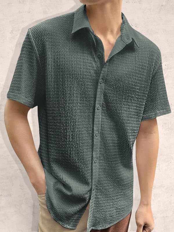 Image of Pinkmint Popcorn Shirt for Men Soild Slim Fit Sleeve Spread Collar Trendy Men Shirt Summer Wear Goa Wear Olive