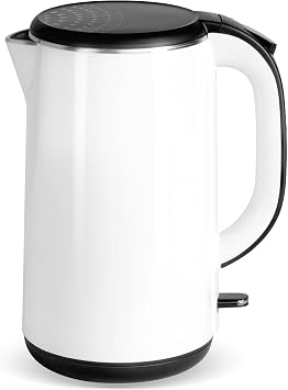 YSSOA Electric Kettle, 1.8L Double Wall, 304 Stainless Steel Interior, BPA-Free, 1100W Fast Boiling, Auto Shut-Off & Boil Dry Protection, Quiet Boil, Cordless Base & LED Indicator, White