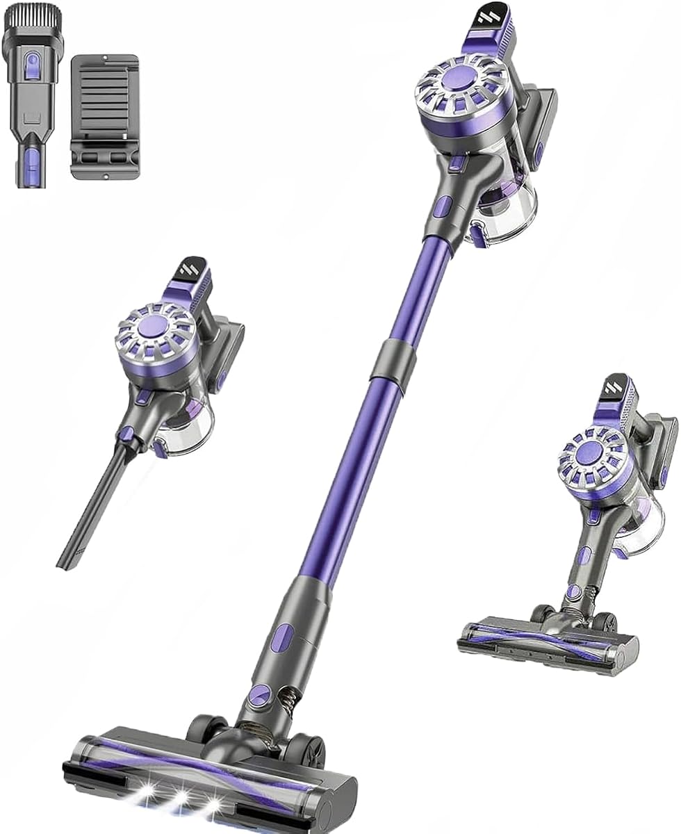Cordless Vacuum Cleaner, 6 in 1 Lightweight Stick Vacuum with Rechargeable Battery, Handheld Conversion, LED Headlights & 180° Swivel Brush, for Hardwood Floor Carpet Pet Hair Stairs Car(Light Purple)