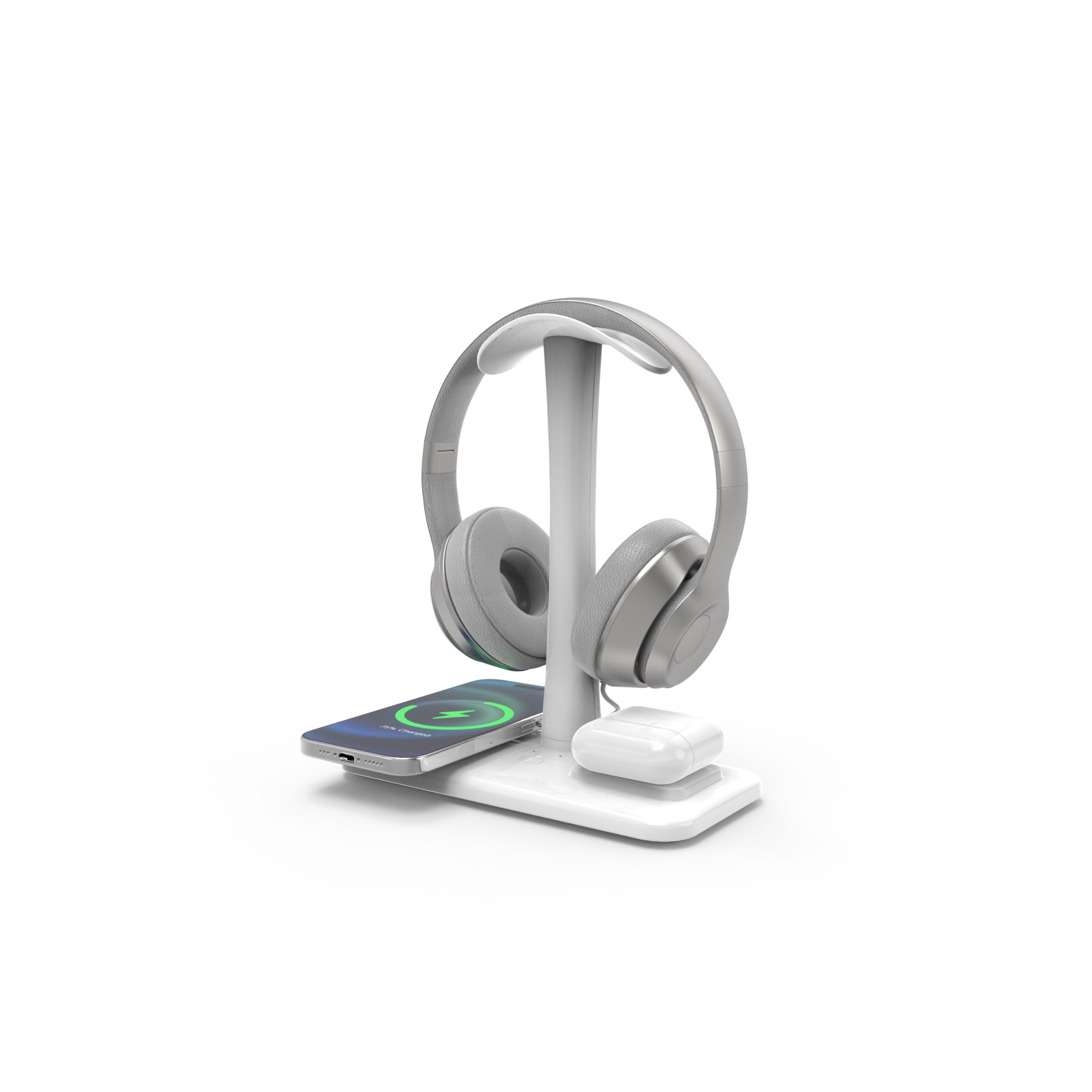 5 in 1 Headphone Stand with 15w Wireless Charger, Fast Wireless Charging Station Headset Holder for iPhone 15/14/13/12/11/XS/XR/X, Air Pods 3/2/Pro/2, Desk Gaming Headset Holder (White)
