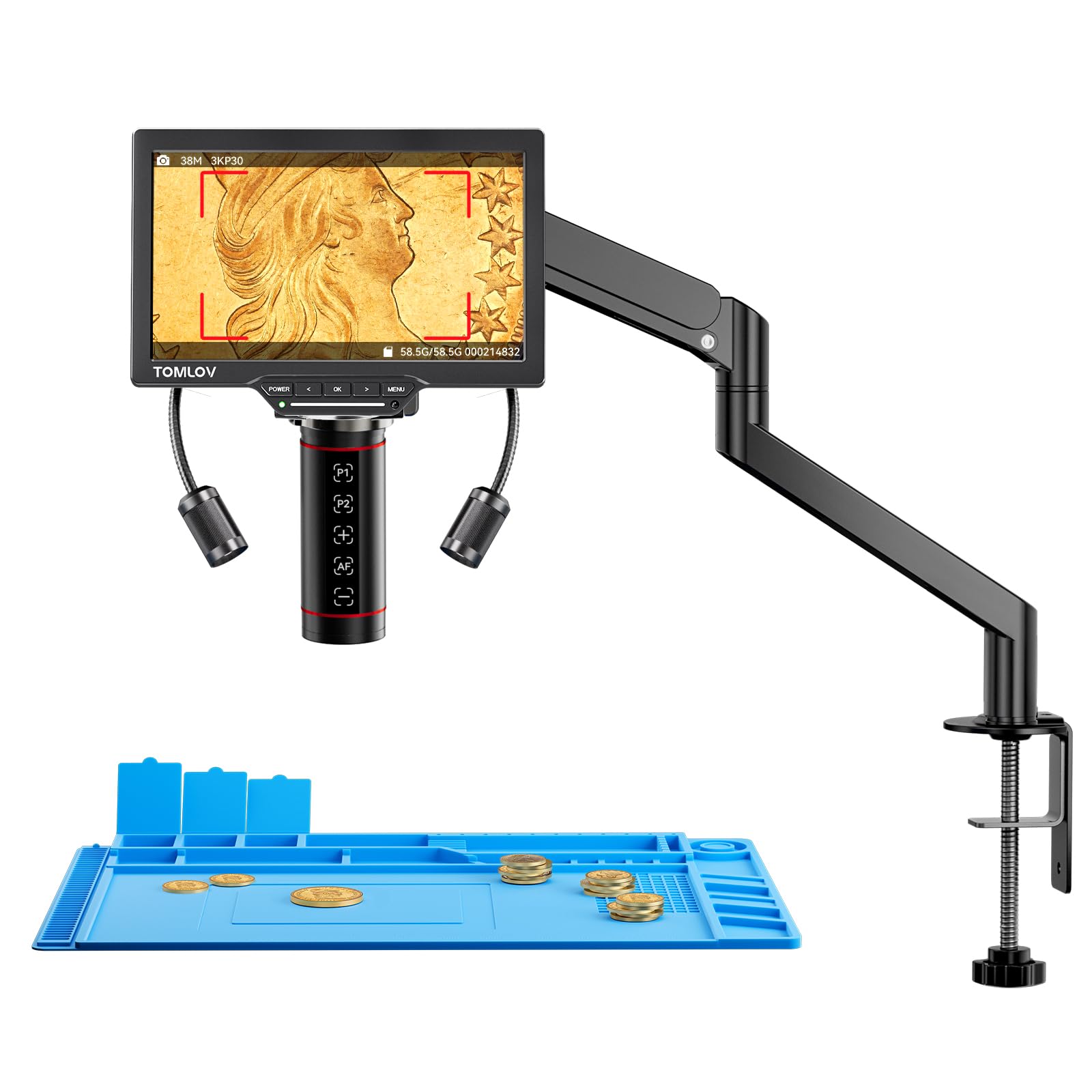 TOMLOV TM4K-AF Flex 4K 8" Digital Microscope with Autofocus, 52MP HDMI Professional Magnification 2000X for Coins, with Flexible Arm, Soldering Mat, Ring Light, Compatible PC/TV, 64GB — view 10