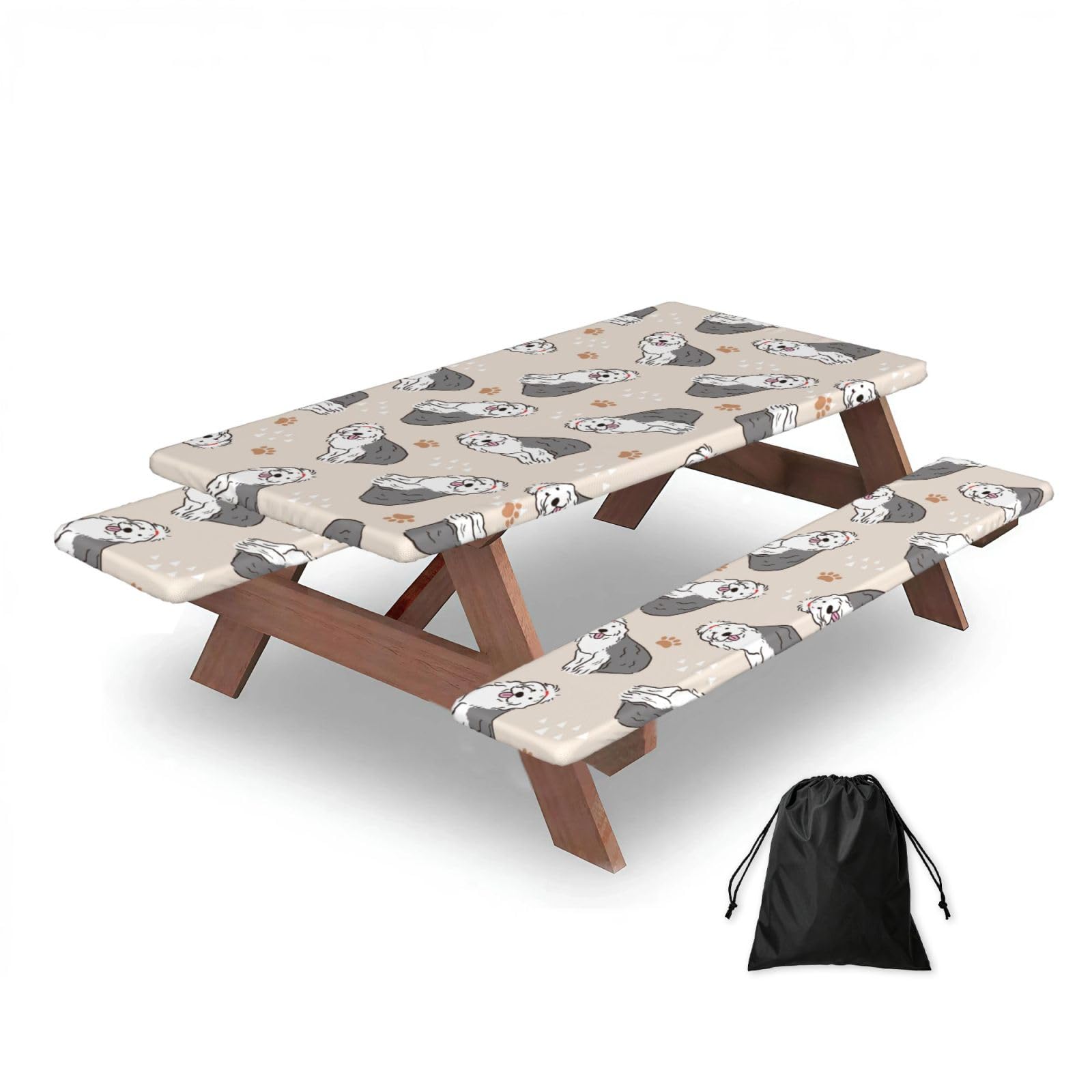 Dopklna As Picture Old English Sheepdog, Picnic Table Cover With Bench Covers -Waterproof Elastic Fitted Tablecloth For Garden Camping Patio 76X152cm