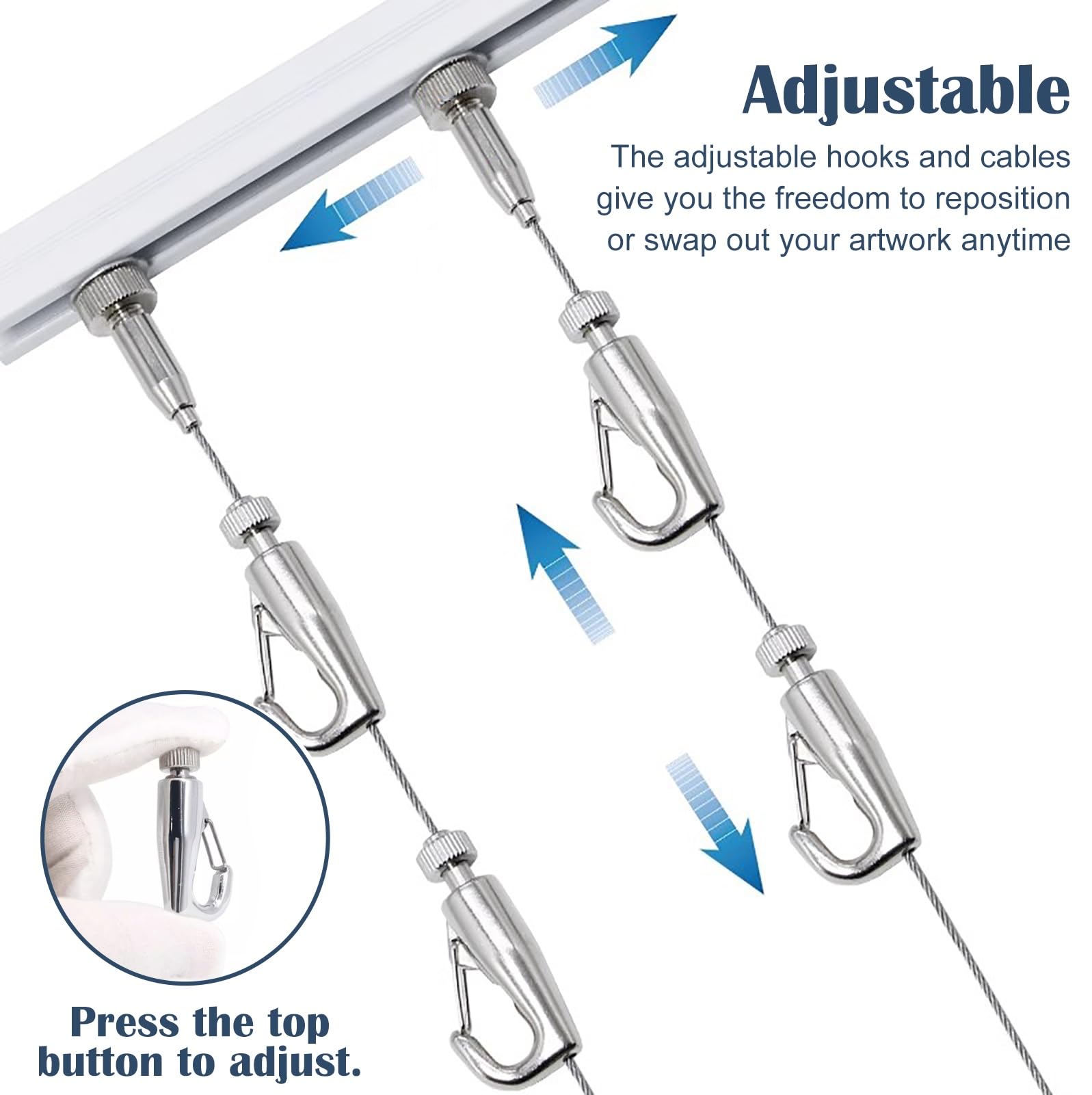 Cimaise pour Tableau Kit de Suspension Réglable pour Tableaux avec Crochets, Système Sur Rail, Matériel pour Toiles et Affiches(2.5m/8.2' Cable,64"/163cm Track)