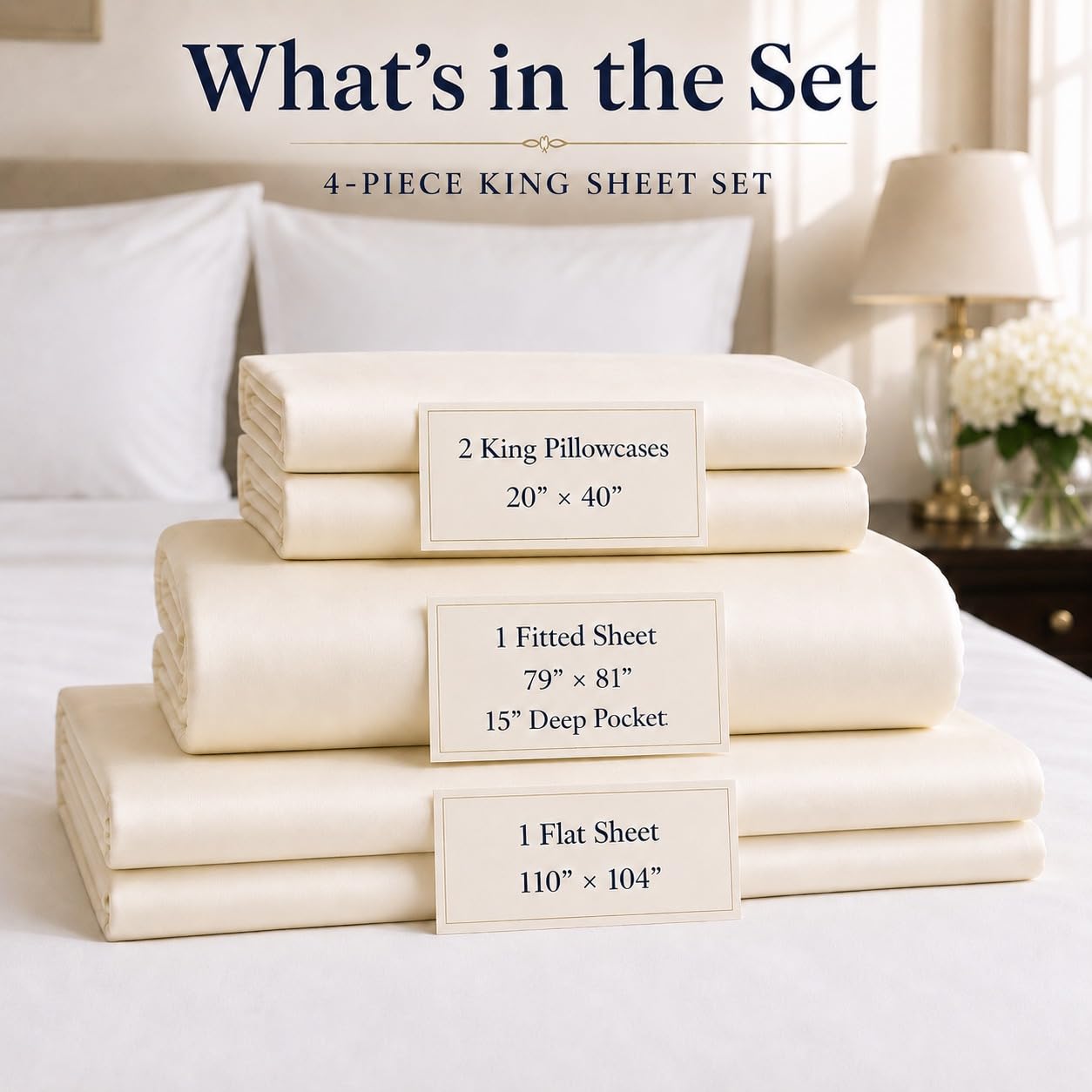 Chateau Home Collection - Parure de lit en Coton égyptien 800 Fils avec Poche Profonde en Satin, Coton, Ivoire, King