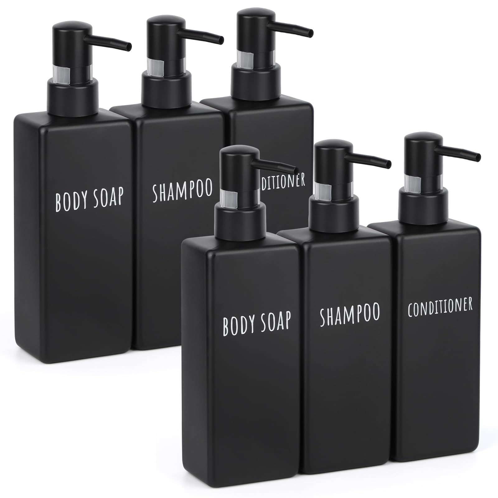 Segbeauty 6 Pack Matte Black Soap Dispenser, Plastic Square Shower Soap Dispenser, 16.9 oz Refillable Shampoo and Conditioner Bottles, 500 ml Empty