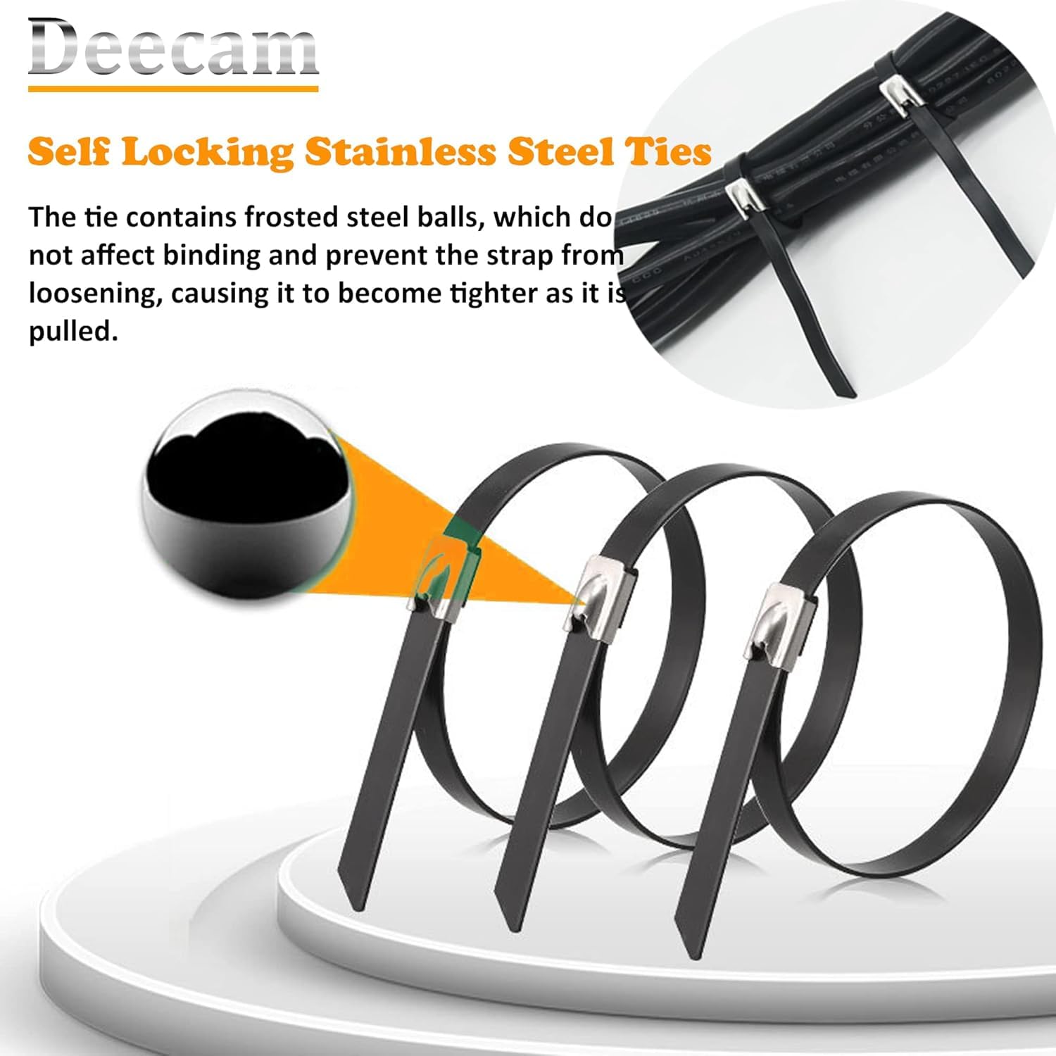 Black Stainless Steel Cable Ties, Deecam 50 Pcs 4.6×300mm Metal Cable Tie, 304 Stainless Zip Ties with Steel Ball Stopper - Image 3
