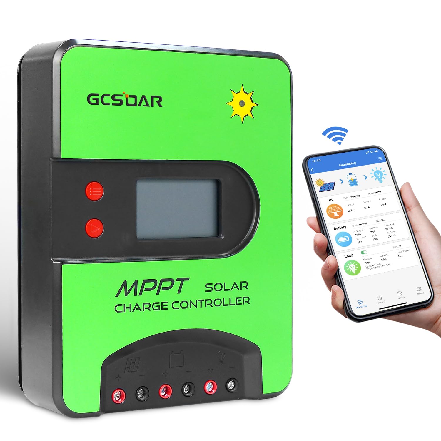 Regolatore di carica solare MPPT da 40 A, 12 V/24 V, regolatore automatico di carica da 100 V, adattatore WiFi integrato con display LCD per batterie AGM e Li-Ion ad immersione sigillate in gel