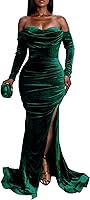 Vakkest Women's Off-Shoulder Velvet Maxi Dress - Long Sleeve High Split Formal Evening Gown for Weddings & Parties