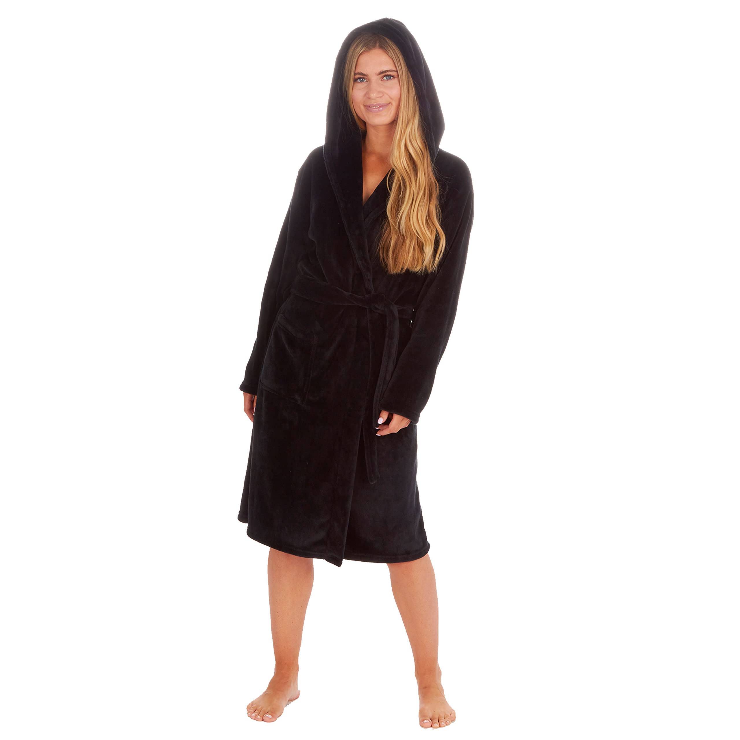 Metzuyan Women's Black Hooded Plus Size Hooded Robe Curve Black Plush Fleece Dressing Gown Black 4XL