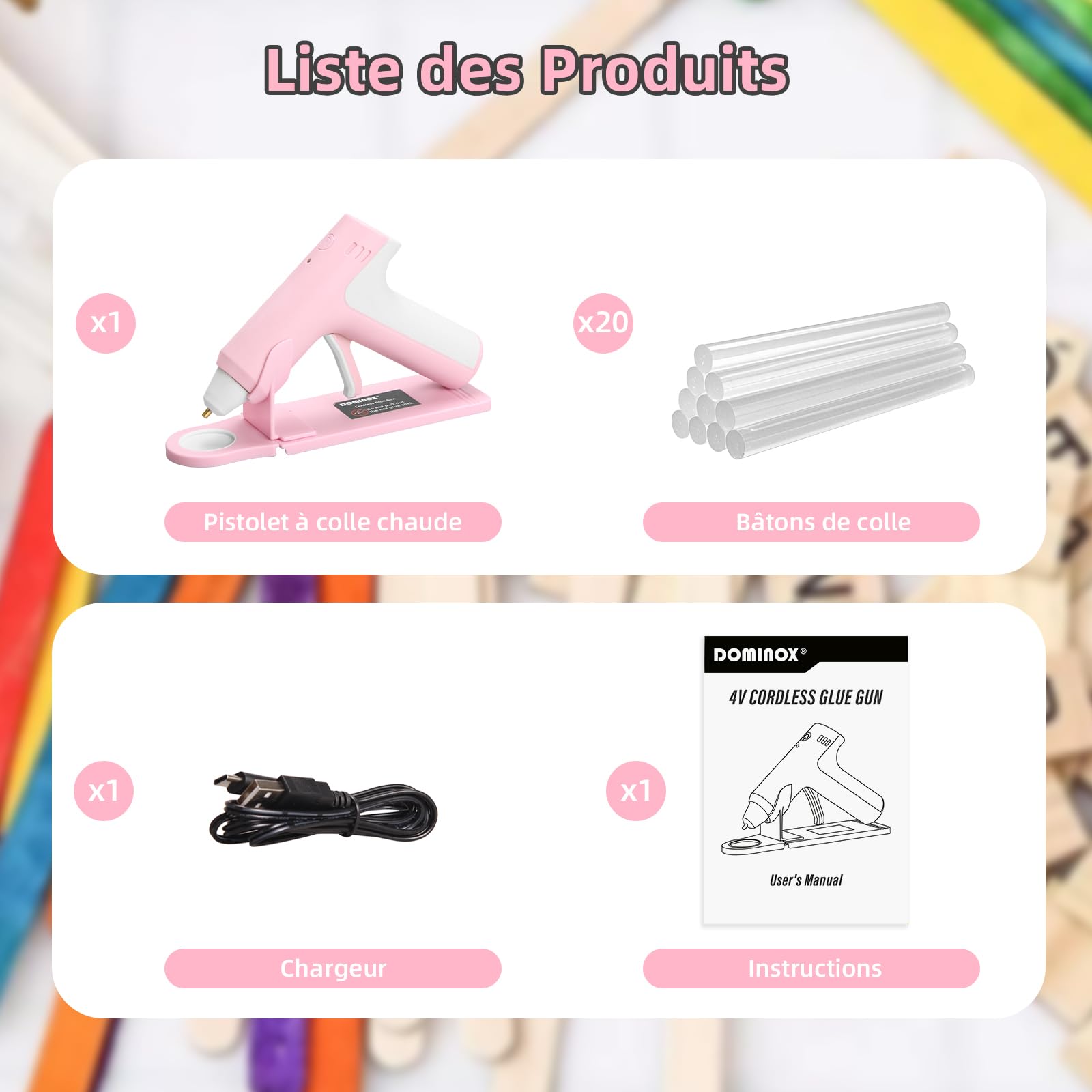 Pistolet à Colle Chaude sans Fil 4V avec 20 Bâtons de Colle, 25S de Préchauffage Rapide, Batterie Rechargeable 2000mAh Type-C, Arrêt Intelligent, pour L'art, Bricolage, Réparation, Rose