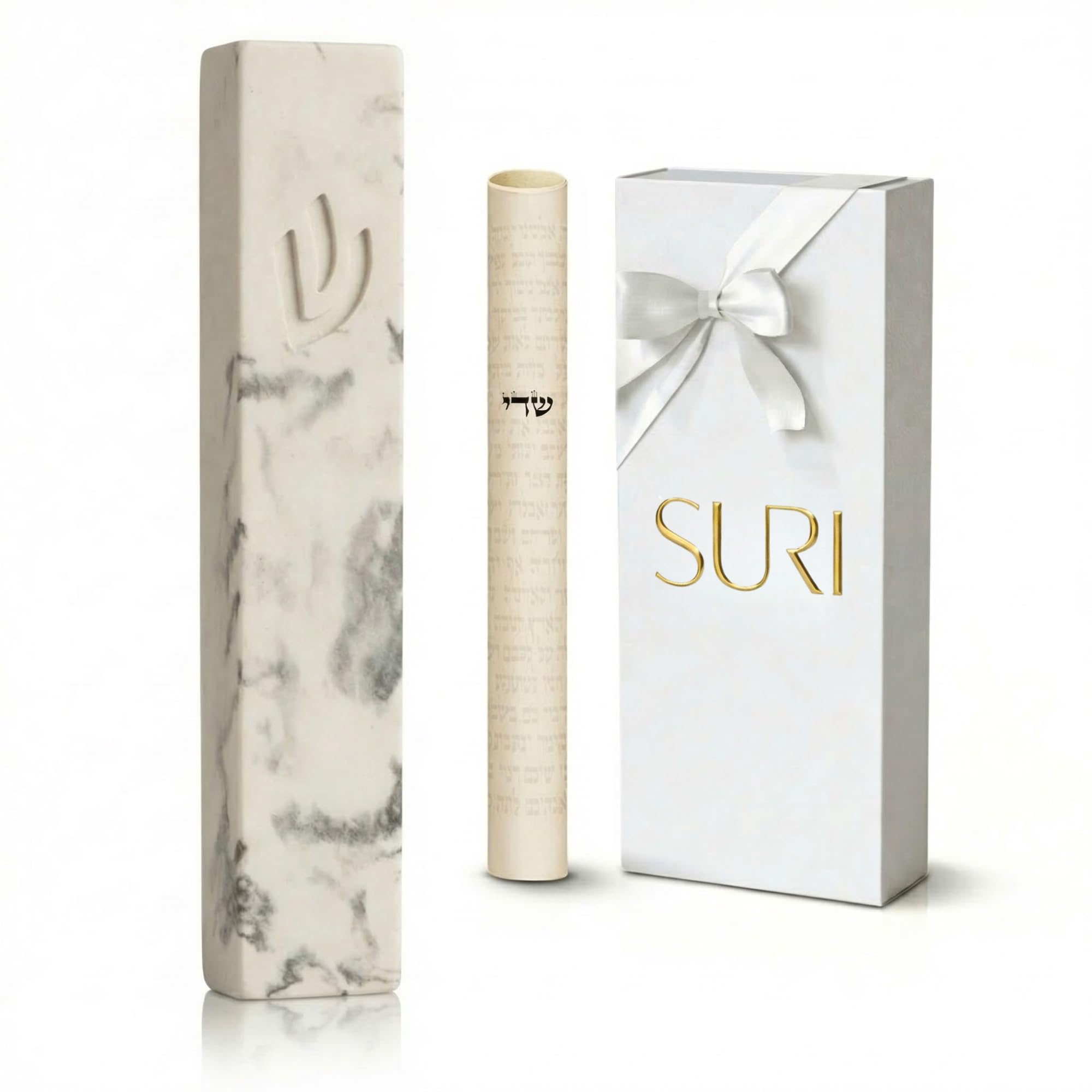 SURI Mezuzah for Door – 7 Inch Marble Cream Concrete Mezuzah Case with Non Kosher Scroll, Self-Stick Jewish Entry Design, Fits a 6 Inch Scroll, Gift Box Included