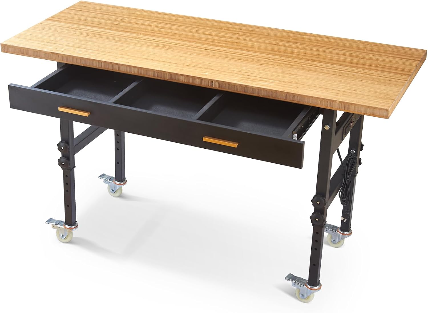 60" Work Bench with Drawers Storage, Adjustable Workbench for Garage with Wheels, Power Outlets, Bamboo Wood Top Workbench Work Table (59x23.6)