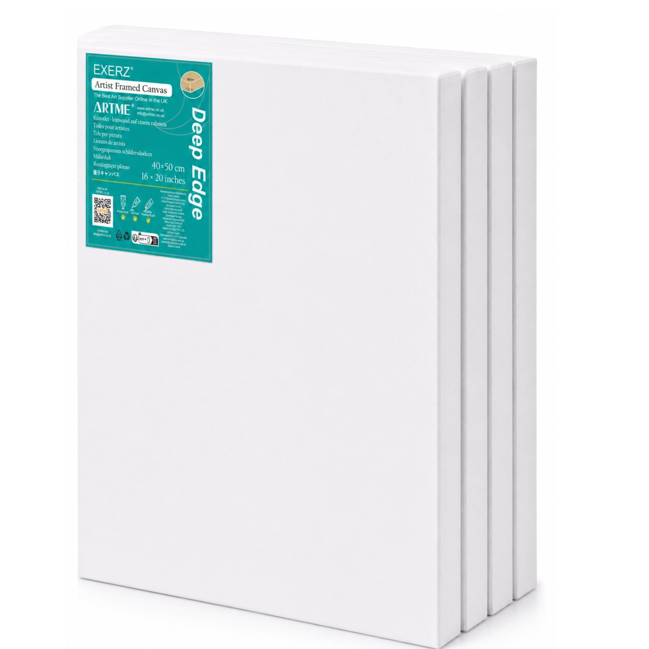 EXERZ 40x50cm Canvas Deep Edge 4pk Artist Framed 3.8cm Thick 380GSM Pre-Stretched 100% Cotton/Blank/Triple Primed/Acid Free/Medium Grain//Acrylic, Oil (40x50cm 4pk)