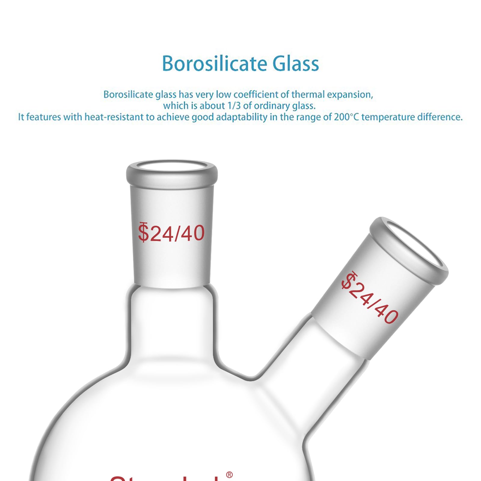 stonylab Flachbodenkolben FBF, Schwerwandiger 2-Hals-Laborkolben Borosilikatglas Flachboden Siedekolben mit 24/40 Standard-Gelenk, 500 ml