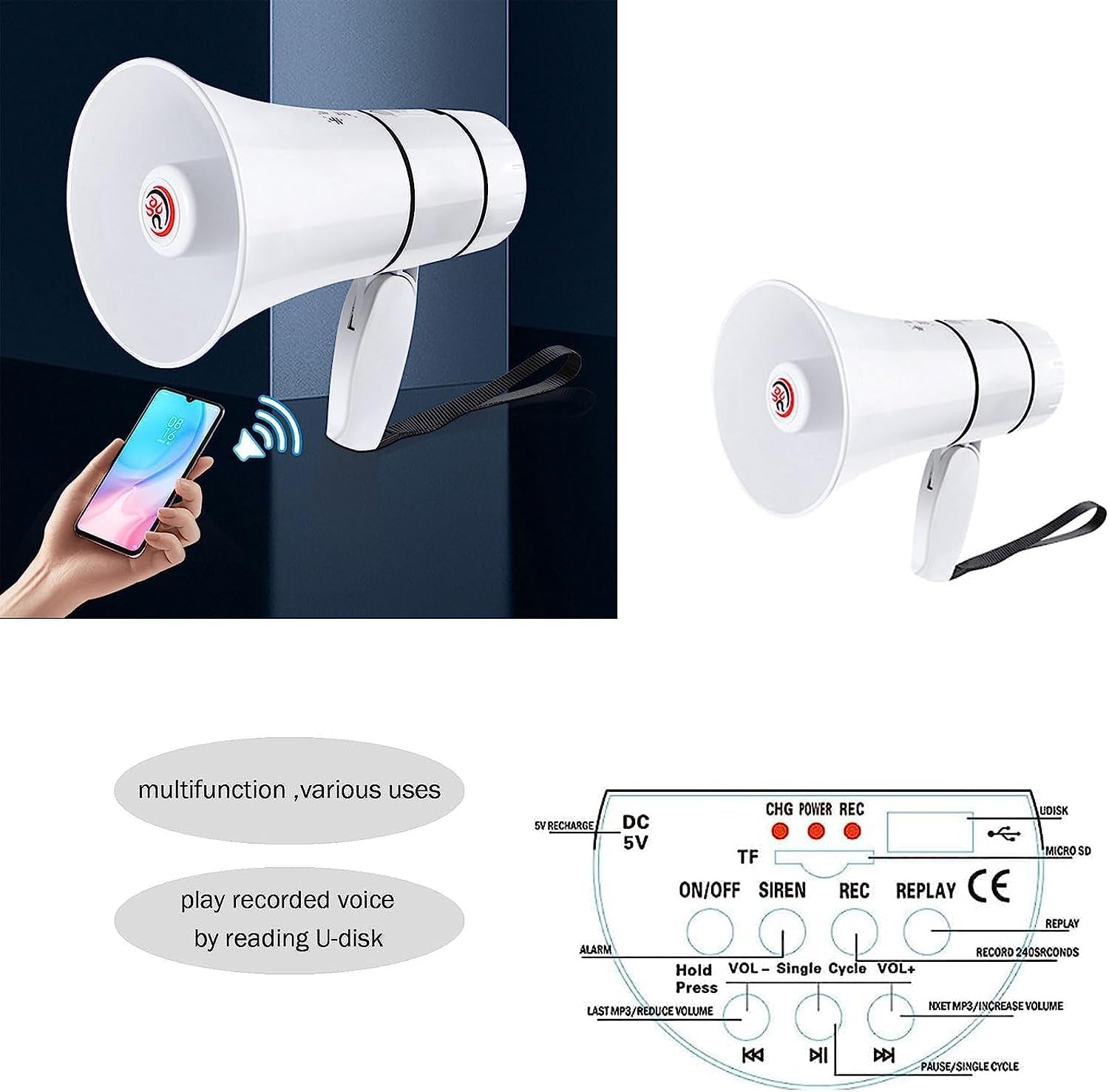 Altavoz megáfono portátil Ligero de Mano Altavoz megáfono de grabación Sirena incorporada megáfono para Exteriores Blanco