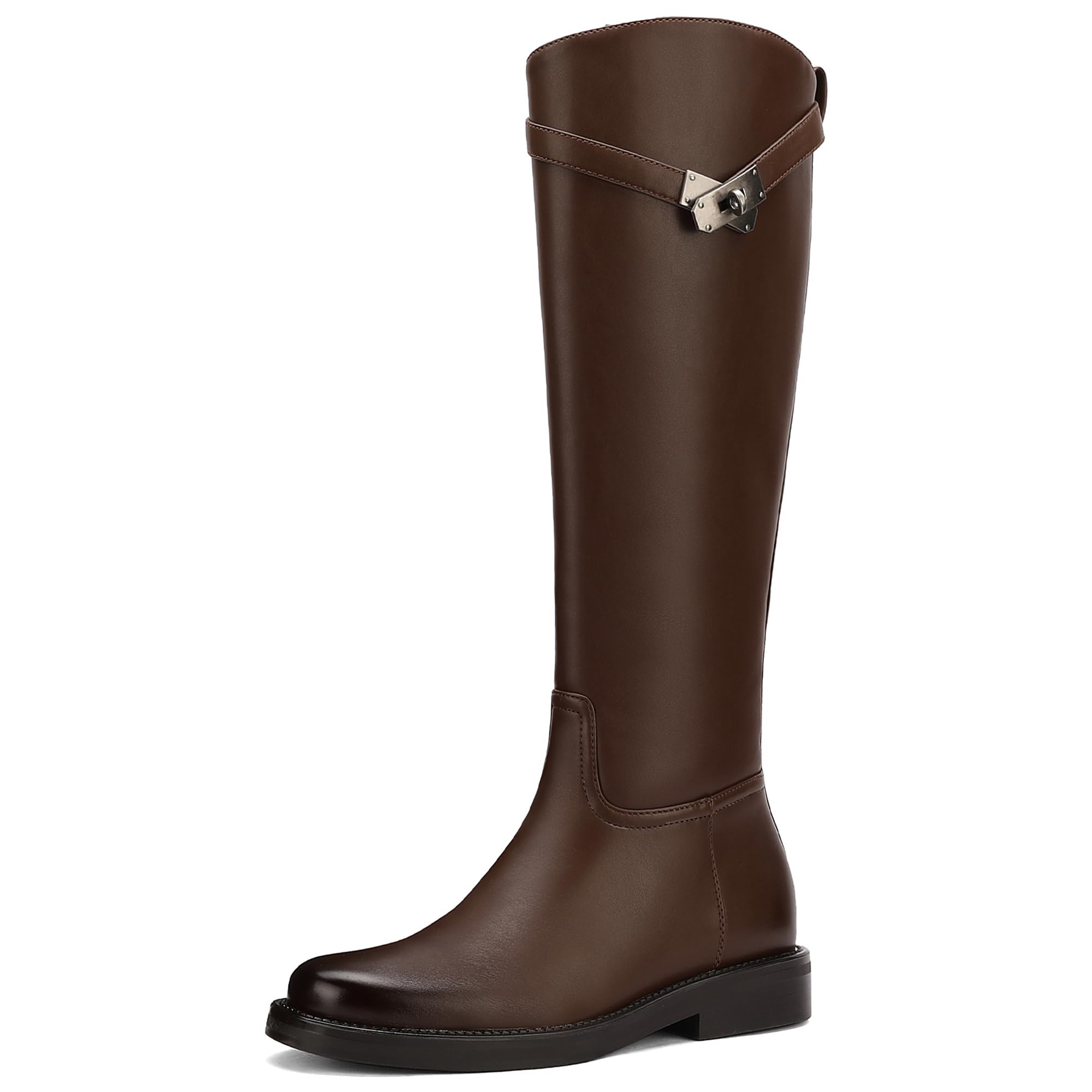 Knee High Boots Women Tall Riding Faux Leather Low Heel Boots Round Toe Pull On Wide Calf with