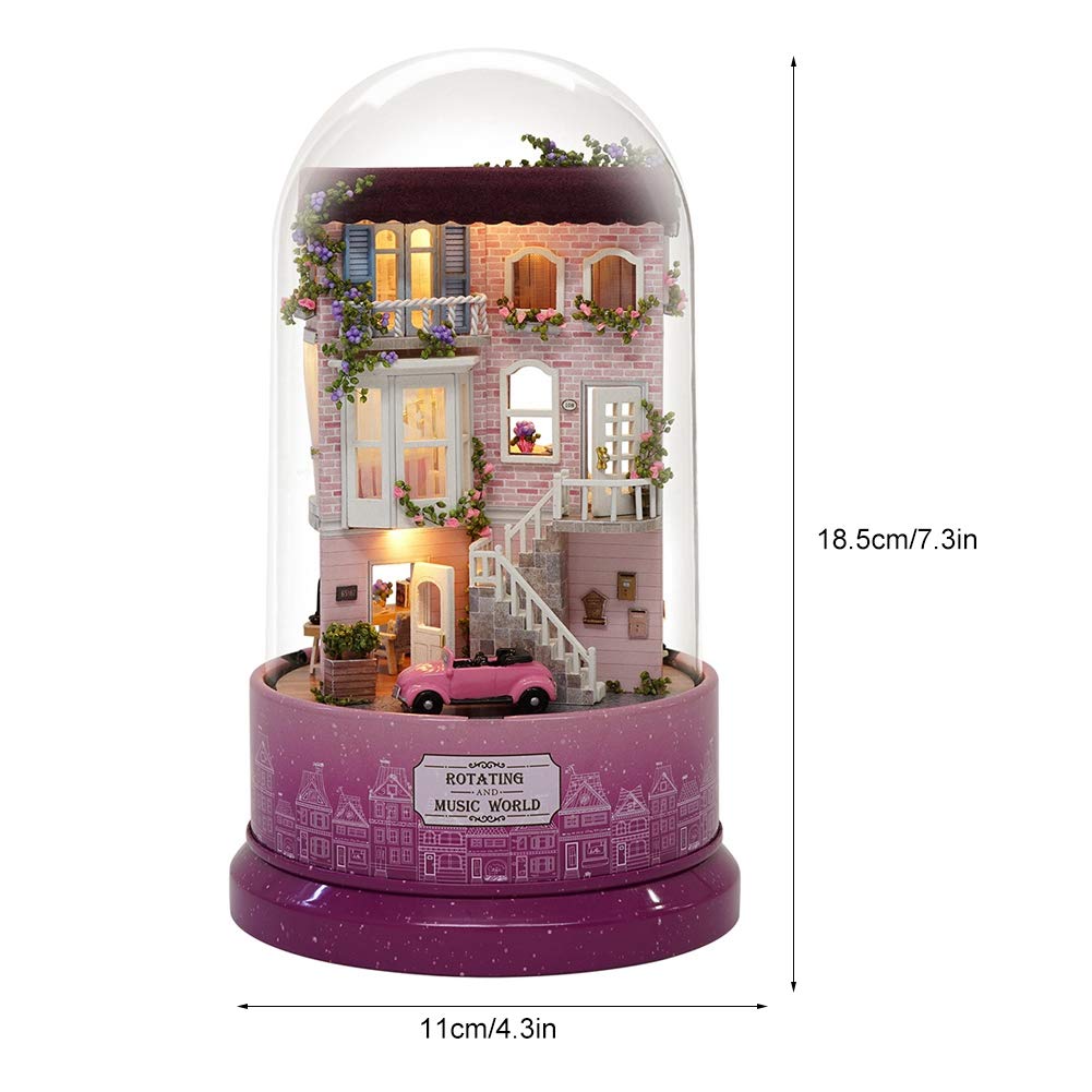 Miniature Dollhouse Kit, Cute Mini Rotate Music Box Christmas Tiny House Kit with Glass Cover and Led Light for Boys Girls Gift(Purple)
