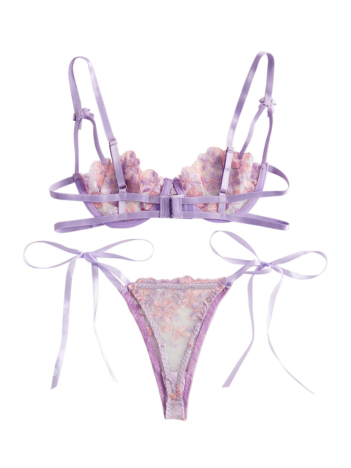 Lilosy Conjunto de lencería sexy con tiras bordadas de malla transparente con aros | Lindo lazo de malla bordada transparente para novia, boda, tiras a juego, con aros, para luna de miel, Navidad, San Valentín