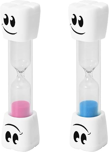TeacherFav Cepillo de dientes de 2 minutos con temporizador de arena para niños, juego de 2 vasos pequeños azules y rosados de hora sonriente