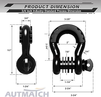 AUTMATCH D Ring Shackle 3/4" Shackles (2 Pack) 41,887Ibs Break Strength with 7/8" Screw Pin and Shackle Isolator Washers Kit for Tow Strap Winch Off Road Vehicle Recovery Black