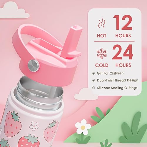 Miniatura 30 de SANDJEST Botella de agua para niños con tapa con pajilla, paquete de 2 botellas de agua aisladas de acero inoxidable de 12 onzas para niñas, taza de