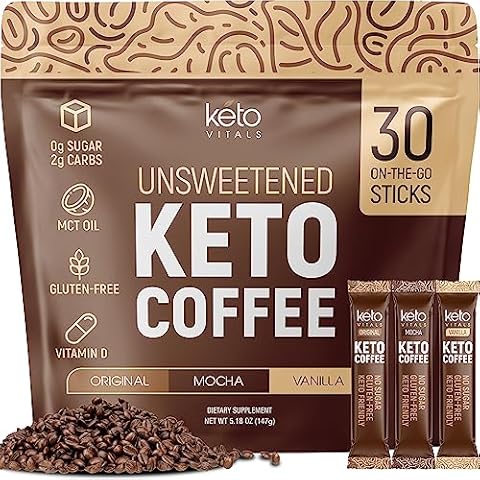 Keto Vitals Instant Keto Coffee Powder - Low-Calorie Unsweetened Instant Coffee Packets, Single Serve - Keto Coffee Instant Mix in Original, Vanilla, & Mocha Flavors - 30 Count Cover