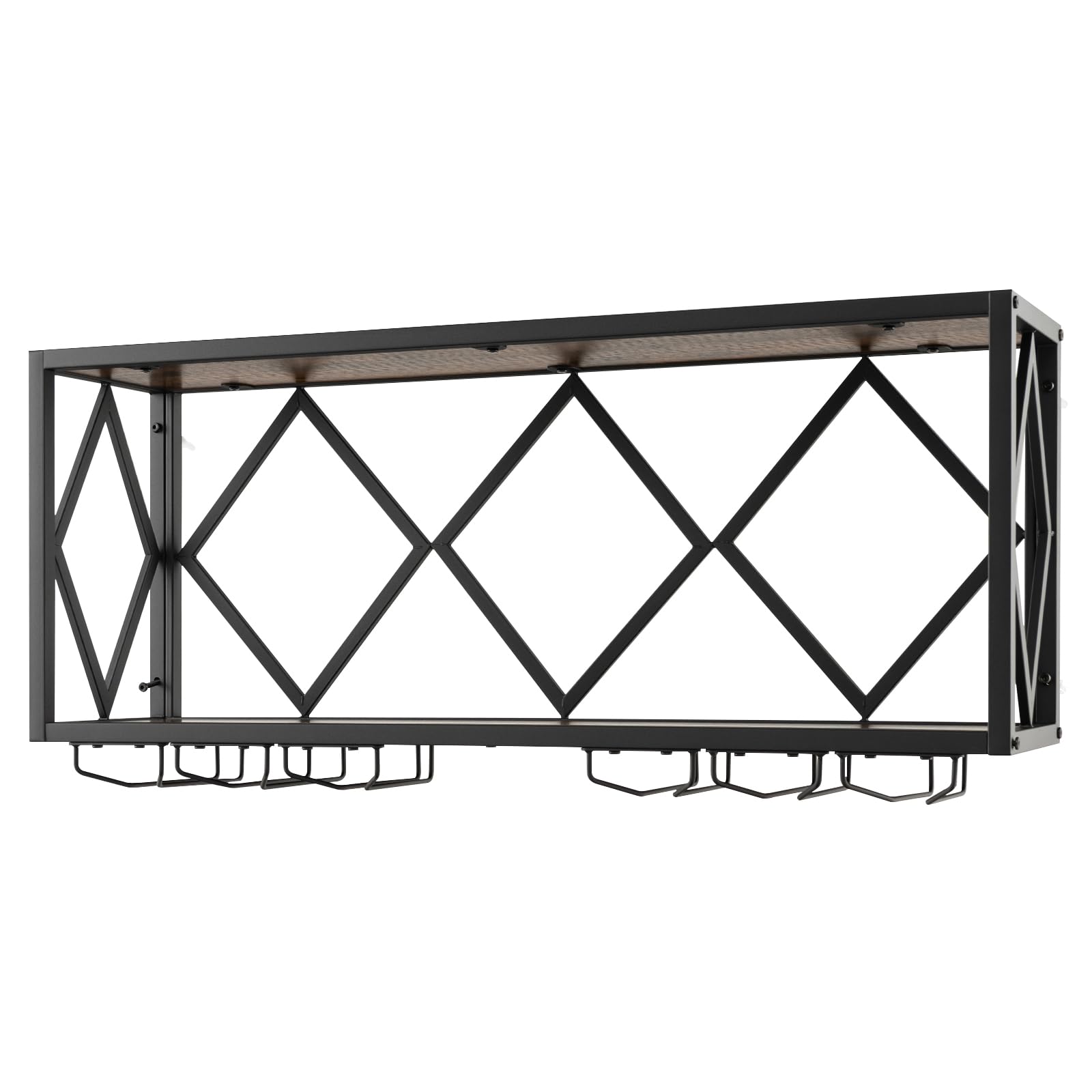 COSTWAY Weinregal Wand, 2 Ebenen Flaschenregal Holz mit Metallrahmen, mit 6 Reihen Weingläserhalter, Industrial Design, ideal für Zuhause, Bar, Küche und Restaurant