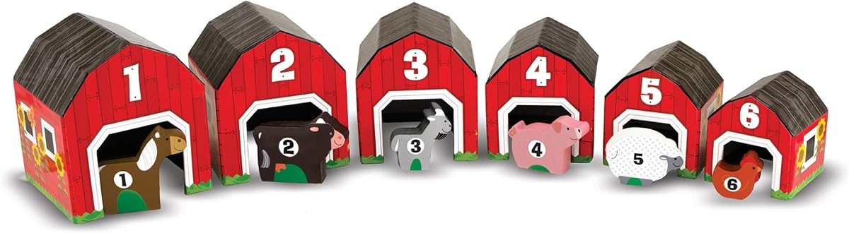 Anidar y clasificar graneros y animales con 6 graneros numerados y animales de madera a juego