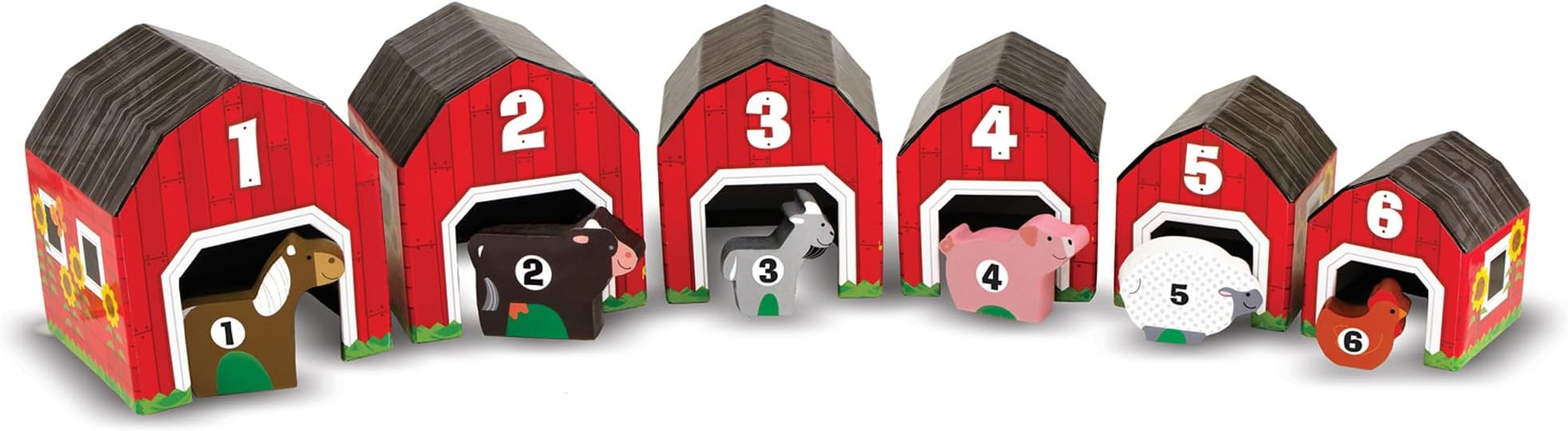 Nesting and Sorting Barns and Animals with 6 Numbered Barns and Matching Wooden Animals