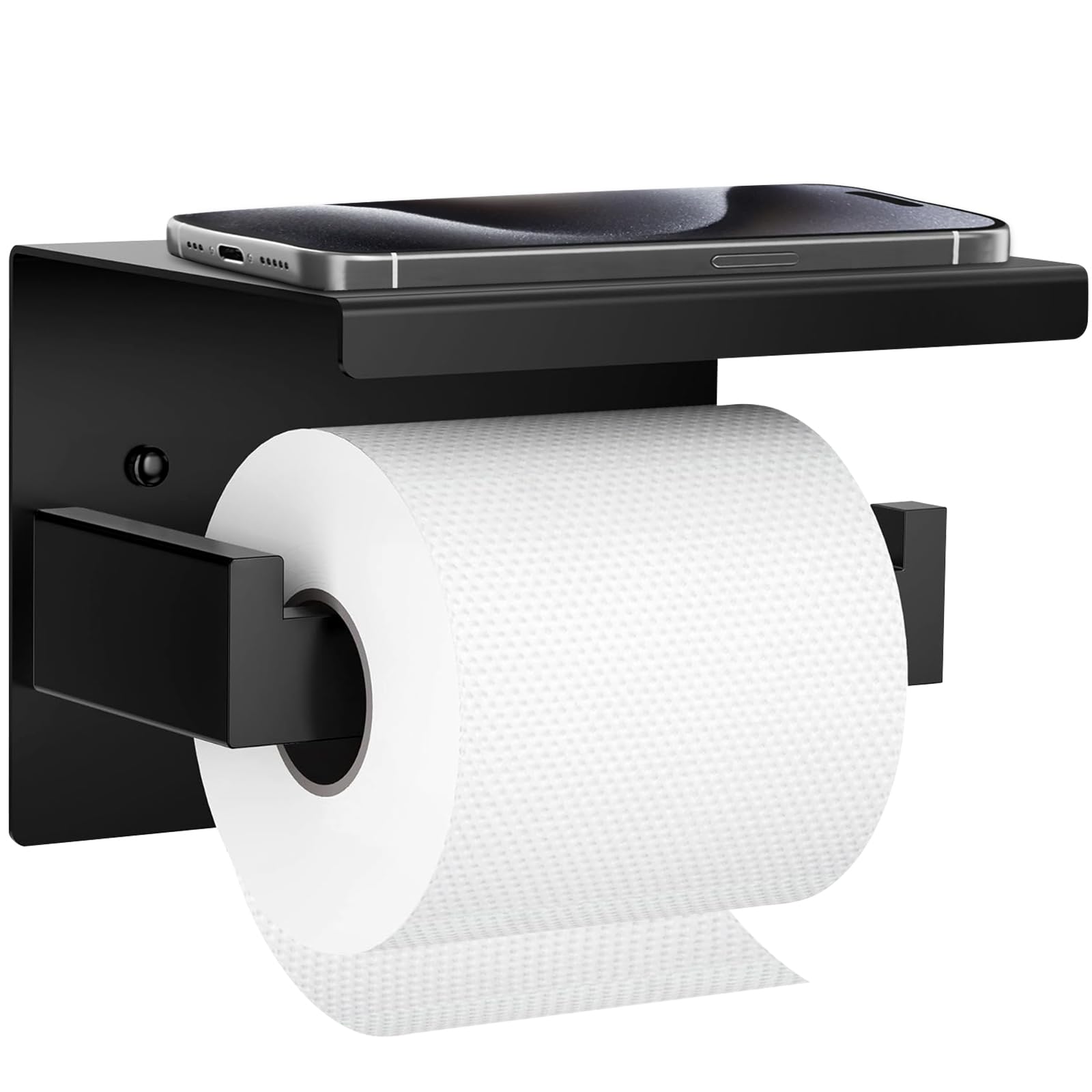 Toilet Paper Holder, SUS304 Stainless Steel Toilet Paper Roll Holder, Rust-proof & Anti-drop Design Black Toilet Paper Holder, Self-adhesive or Screw Toilet Roll Holder with Shelf Storage for Bathroom