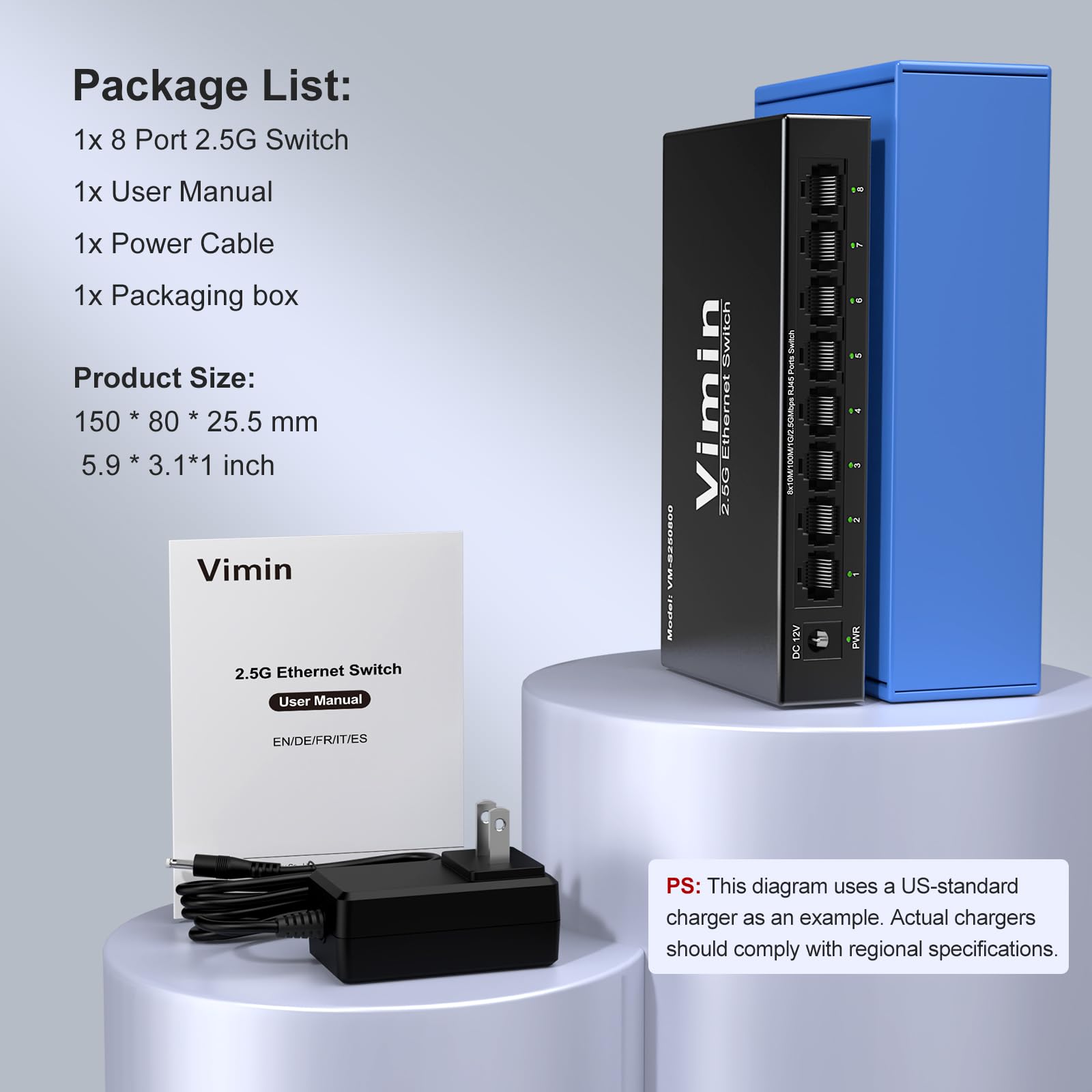 2,5G Switch Unmanaged mit 8 Ports, VIMIN 8x2,5G RJ45 Anschlüsse Switch, Plug&Play 2,5G Ethernet Switch, Metallgehäuse, für Tisch- oder Wandmontage, für Heim und Büronetzwerke