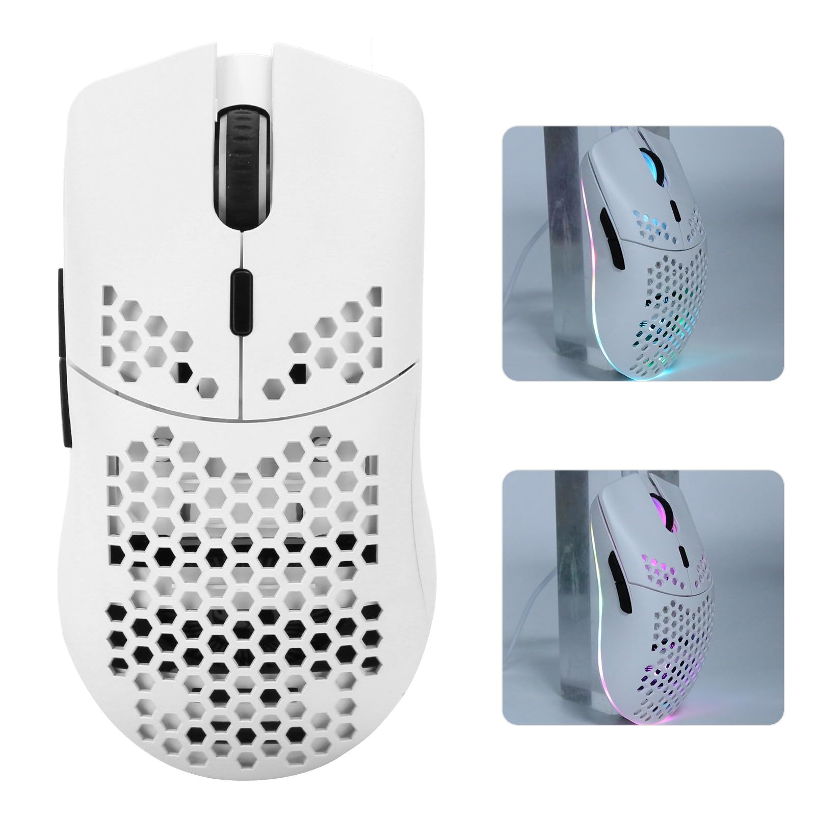 Dilwe Mouse da Gioco Wireless T66, Mouse RGB 6 Pulsanti Proggrammabili, Sensore Ottico 3600 DPI, Struttura Nido d'Ape, Disegno Ergonomico, Batteria al Litio Ricaricabile(Bianca)