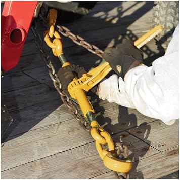 KingChain 102880 Ratchet Type Load Binder with 360 Swivel Grab Hooks for 3/8-inch to 1/2-inch Grade 70 Transport Chain, Yellow Finish