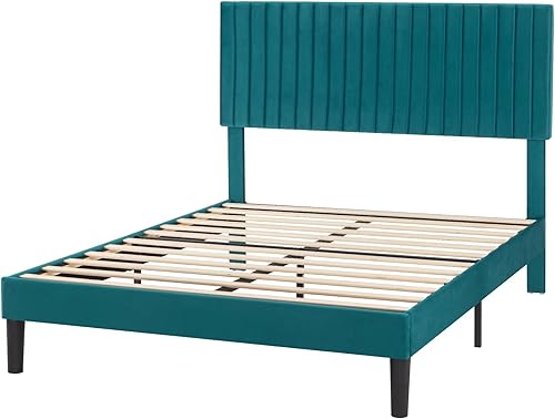 Miniatura 8 de SHA CERLIN - Base de cama con plataforma tapizada y cabecera ajustable de tela de terciopelo con capitoné de canal vertical, king, con lamas de