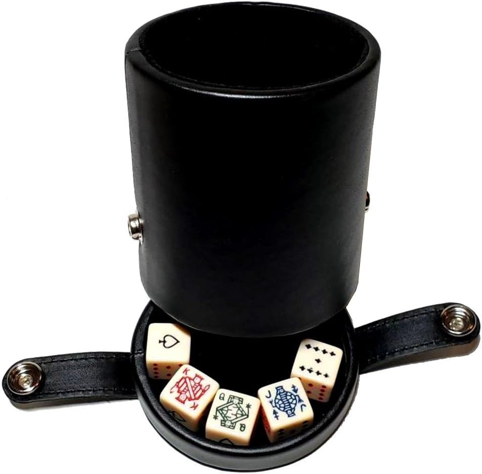 Black Leatherette Deluxe Dice Cup With Storage Compartment for Included Poker Dice Set