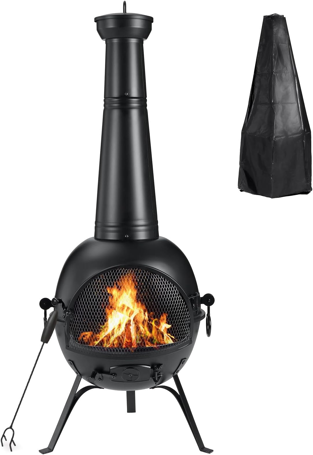 SINGLYFIRE Prairie Fire Outdoor Chiminea Fireplace Deck or Patio Backyard Wooden Fire Pit with Chiminea Cover Rust-Free Cast Iron Black