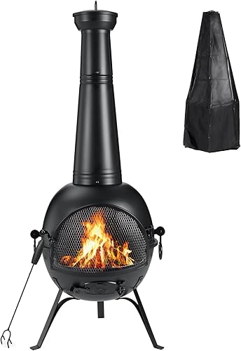 SINGLYFIRE Prairie Fire Chiminea al aire libre chimenea cubierta o patio trasero chimenea de madera con cubierta de chimenea inoxidable hierro negro