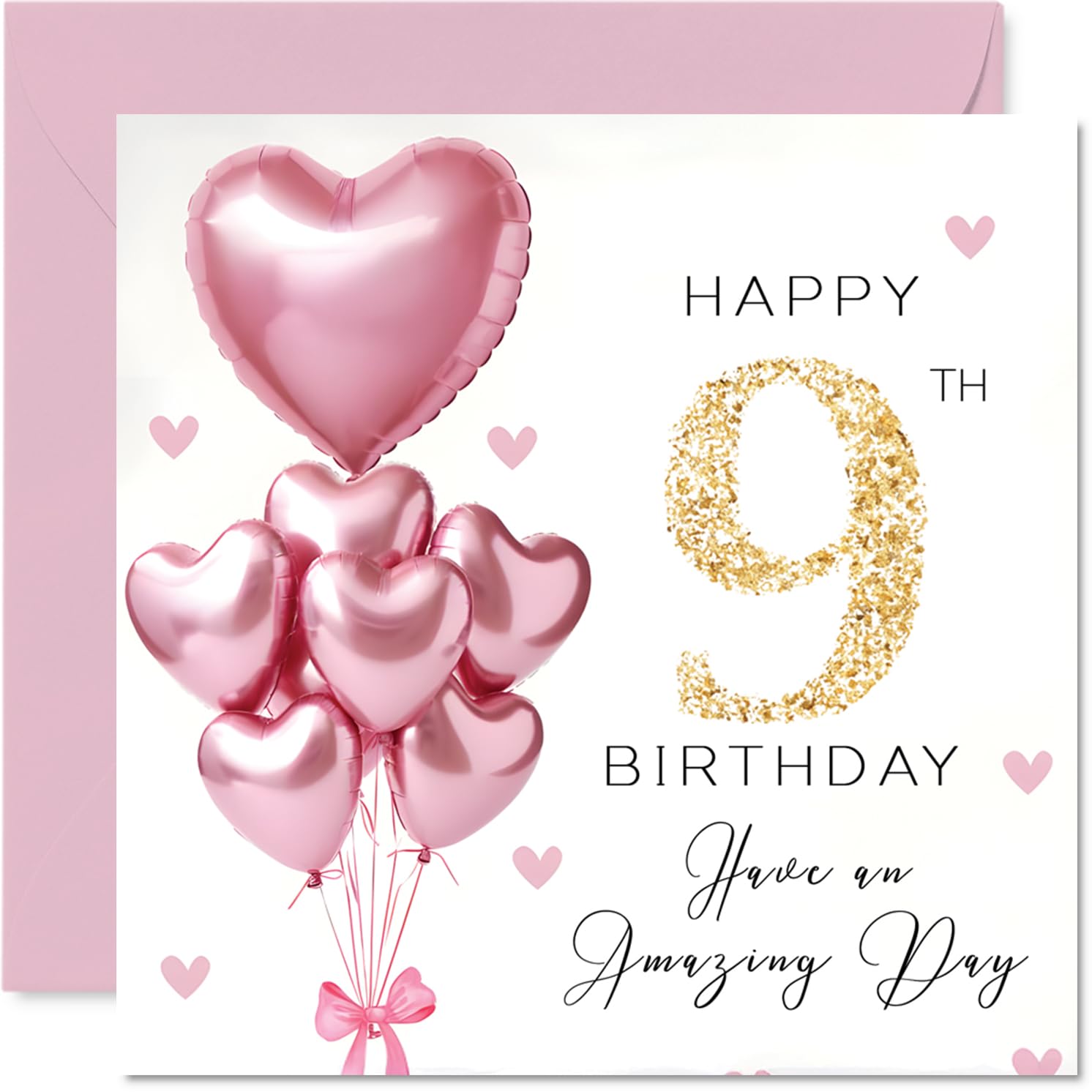 9th Birthday Cards for Girls - Pink Glitter Balloons - Happy Birthday Card for 9 Year Old Girl Daughter Sister Cousin Niece, 145mm Bday Greeting Cards