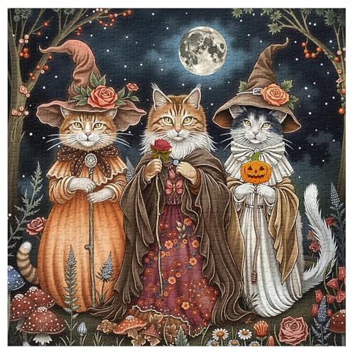 Rompecabezas para adultos de 1000 piezas: gatos brujas fantásticos con flores, escena mágica de otoño con calabaza y gatitos miniatura 2
