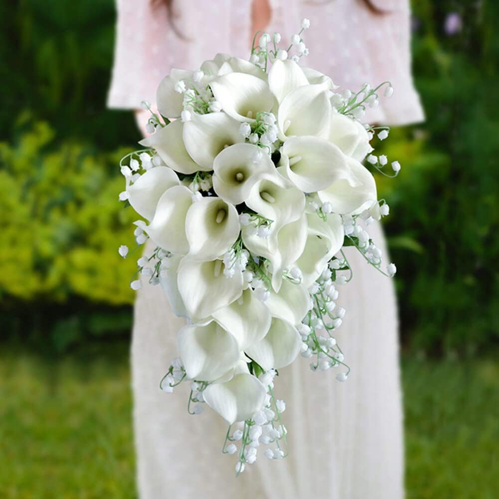 Wedding Bouquets for Bride, White Artificial Calla Lily Bell Orchid Holding Flower Water Drop Holding Bouquet Waterfall Flowers Bunch for Decorations