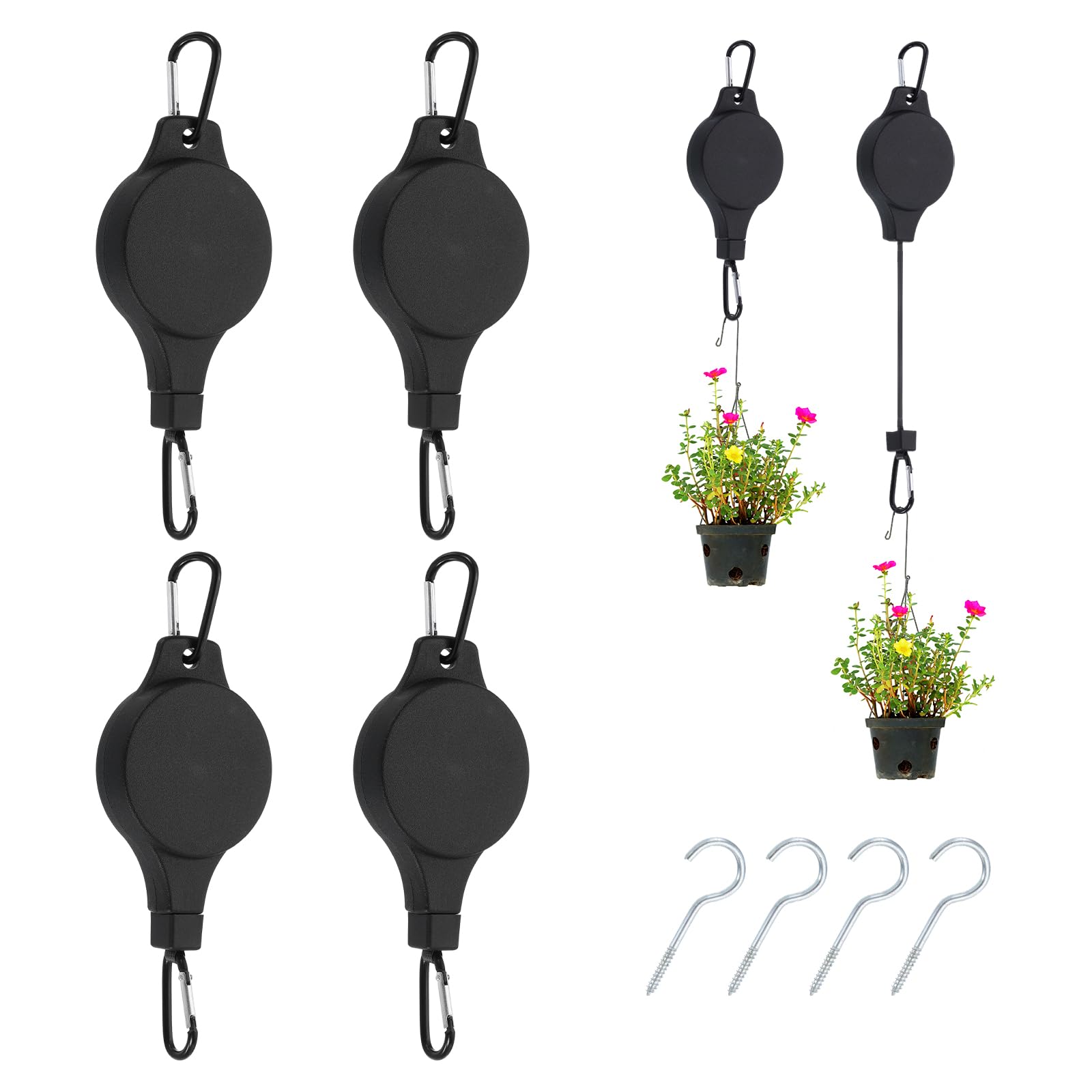 PATIKIL Retractable Plant Pulley, 4 Pcs Heavy Duty Plant Hanger Flower Basket Hook Hanger Adjustable Ceiling Hooks with D Clip for Garden Baskets Pots Birds Feeder, Black