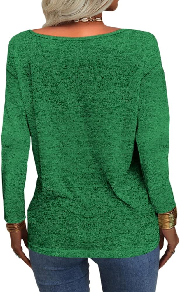 Danedvi Womens Tops Deep V Neck Long Sleeve Shirts Oversized Solid Color Casual Loose Top - Image 2