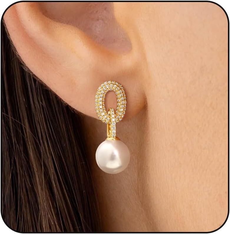 14K Gold Plated Pearl Earrings for Women Trendy, Dangle Drop Earrings Dainty Non Tarnish Cubic Zirconia Earrings Hanging 14K Gold Plated Jewelry for Women Romantic Valentines Gifts