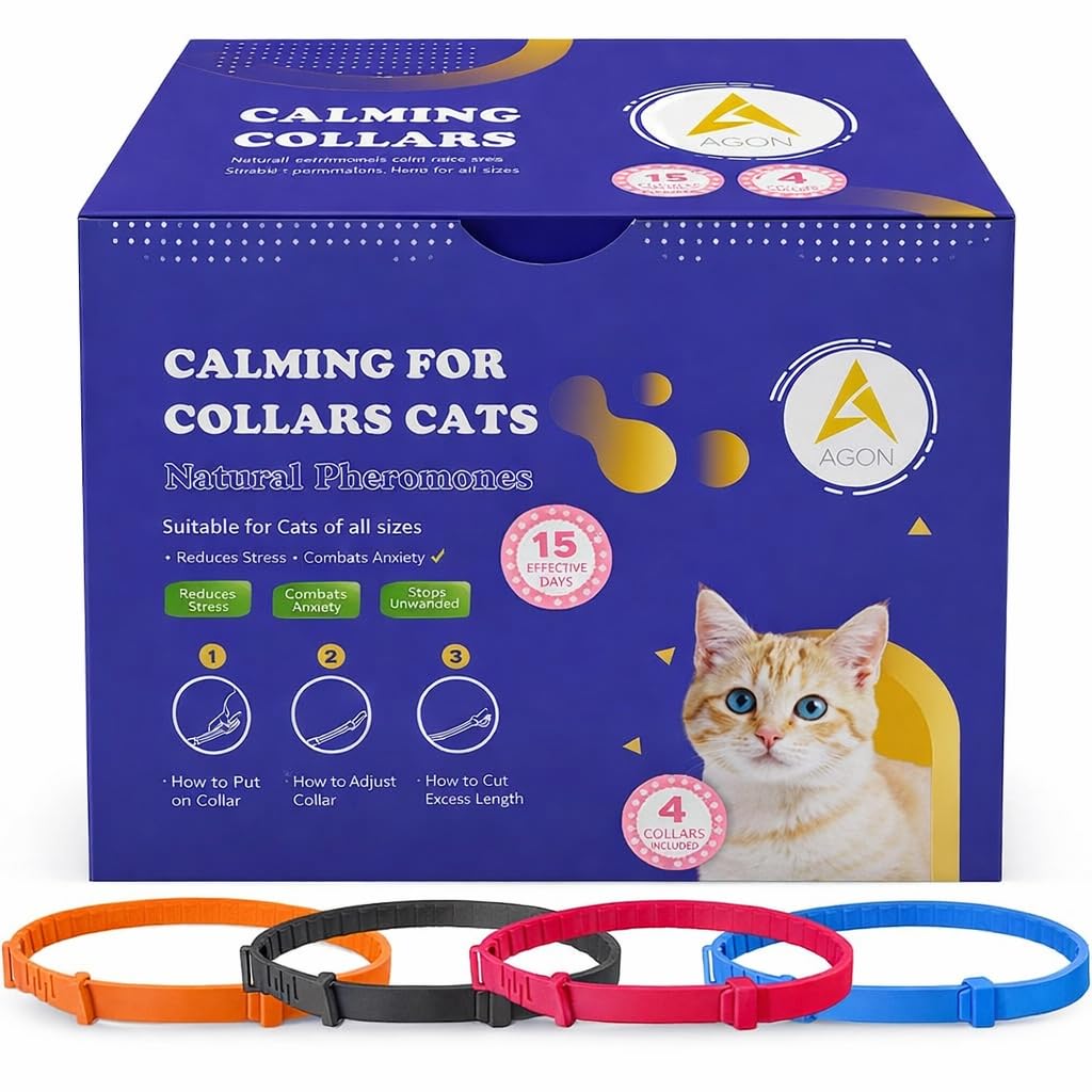 Agon Calming Collar for Cats – Natural Pheromones for Anxiety & Stress Relief – Adjustable Up to 15” – Waterproof, Fast-Acting & Long-Lasting (60 Days) – 4 Pack